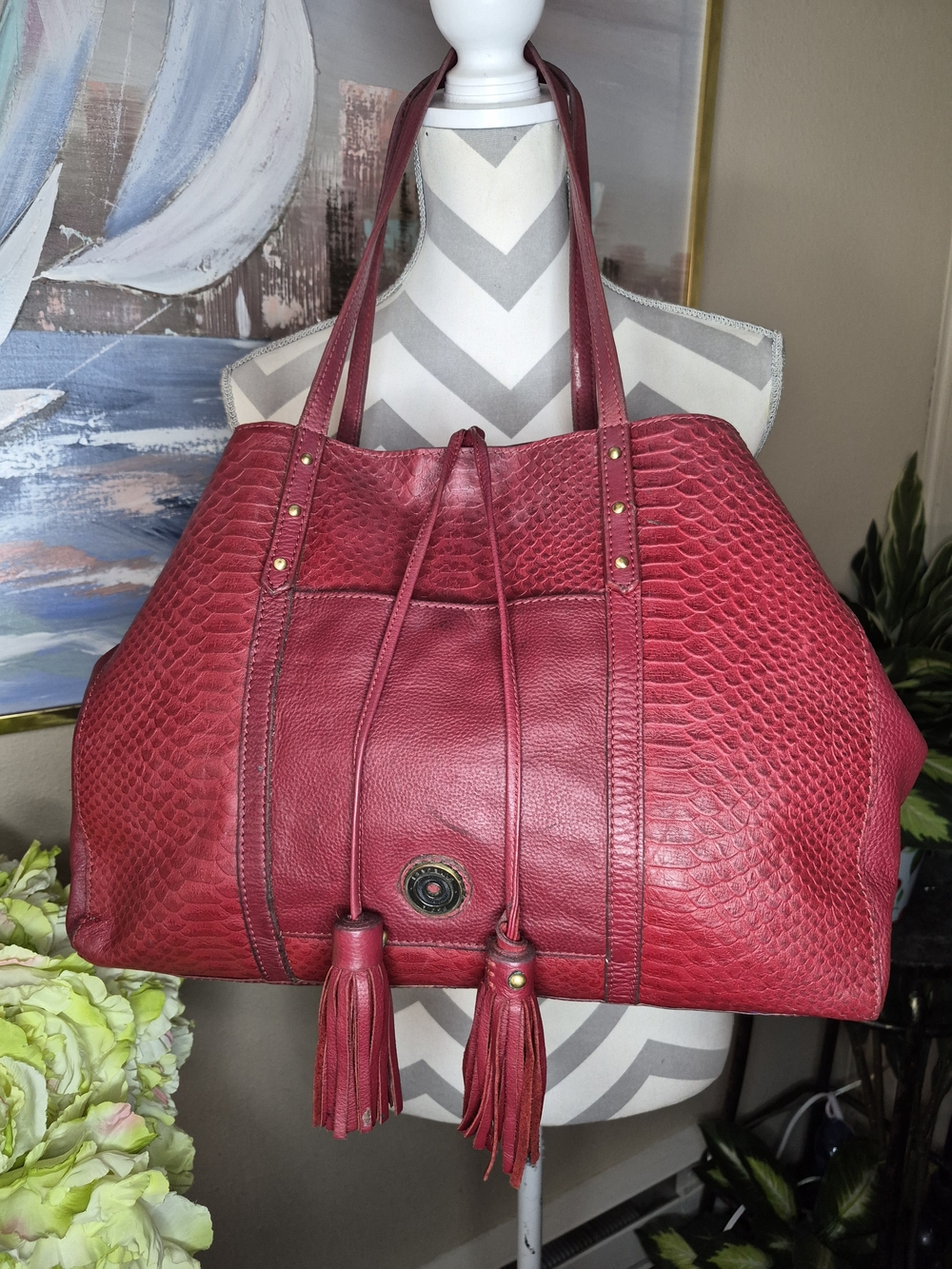Isabella Fiore Red Textured Leather Tote with Tassels